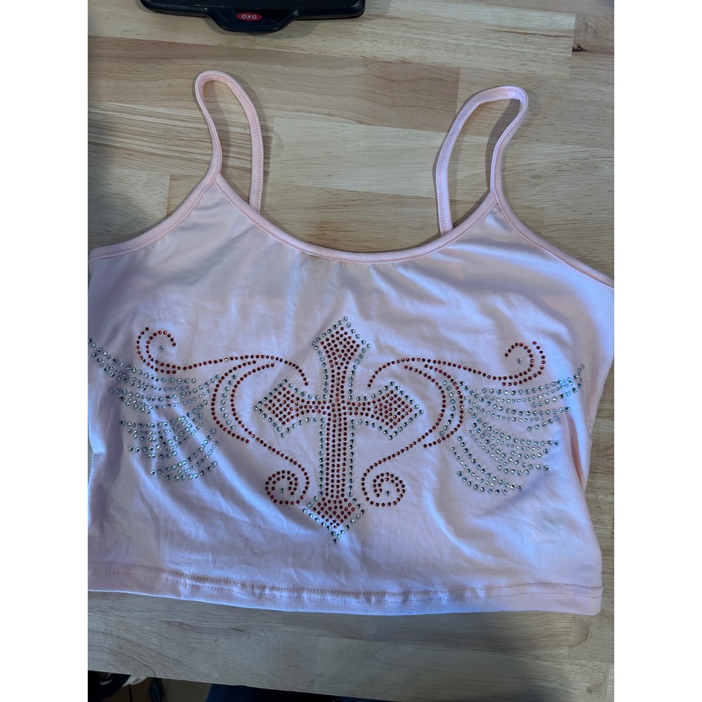 Romwe Pink Rhinestone Cross Wing Graphic Cami Crop Top XS US 2 Y2K Streetwear - Picture 7 of 11